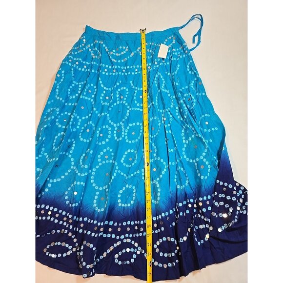 Handmade Blue boho midi skirt adjustable tie waist mirror sequins One Size New - Picture 10 of 16
